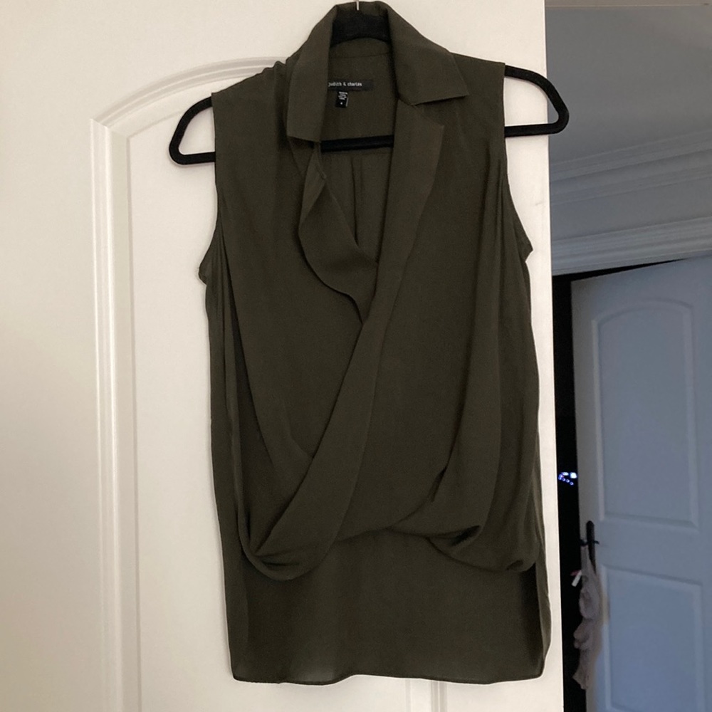 Judith and Charles olive green sleeveless dress shirt.